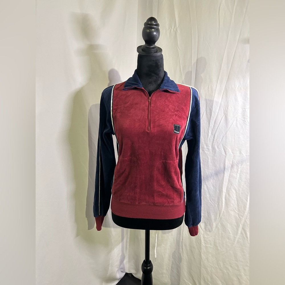 Retro Quarter Zip Blue Red White Velour Velvet with Pockets Pinnacle Sweater
